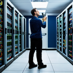 **A network engineer optimizing a server room filled with blinking lights and cables, using network monitoring tools on a large screen, illustrating the importance of minimizing network latency for database performance. Focus on the dynamic flow of data packets.**