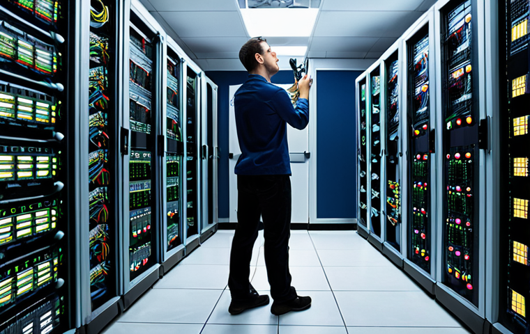 **A network engineer optimizing a server room filled with blinking lights and cables, using network monitoring tools on a large screen, illustrating the importance of minimizing network latency for database performance. Focus on the dynamic flow of data packets.**