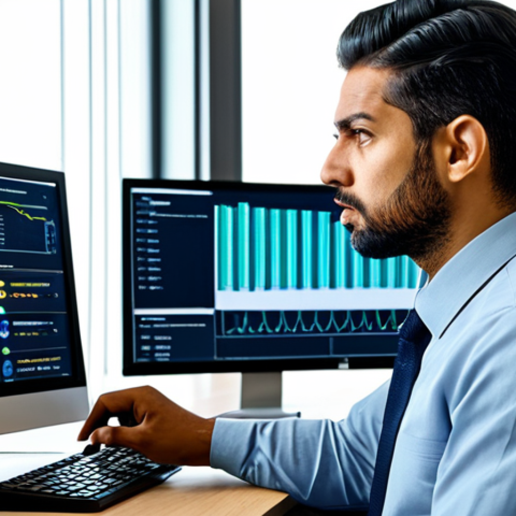 **
A modern office environment, showcasing a clear dashboard displaying database metrics (CPU usage, memory, disk I/O, query response time). A professional IT engineer is looking at the dashboard, with a concerned but focused expression. The image should convey data-driven decision making and the importance of database health in a business context. Fully clothed, appropriate attire, safe for work, perfect anatomy, natural proportions, professional, modest.
**