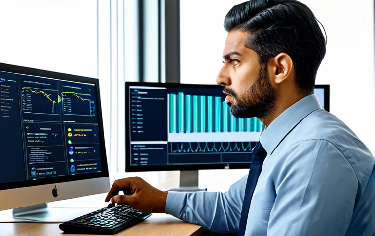 **
A modern office environment, showcasing a clear dashboard displaying database metrics (CPU usage, memory, disk I/O, query response time). A professional IT engineer is looking at the dashboard, with a concerned but focused expression. The image should convey data-driven decision making and the importance of database health in a business context. Fully clothed, appropriate attire, safe for work, perfect anatomy, natural proportions, professional, modest.
**