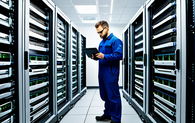 **
"A modern server room, brightly lit, showcasing new servers with visible CPUs, RAM modules, and SSD drives. Technician in appropriate attire is inspecting the hardware. Focus on clean cabling and organized layout. Safe for work, appropriate content, fully clothed, professional, showcasing technical infrastructure, perfect anatomy, natural proportions, high quality."
**