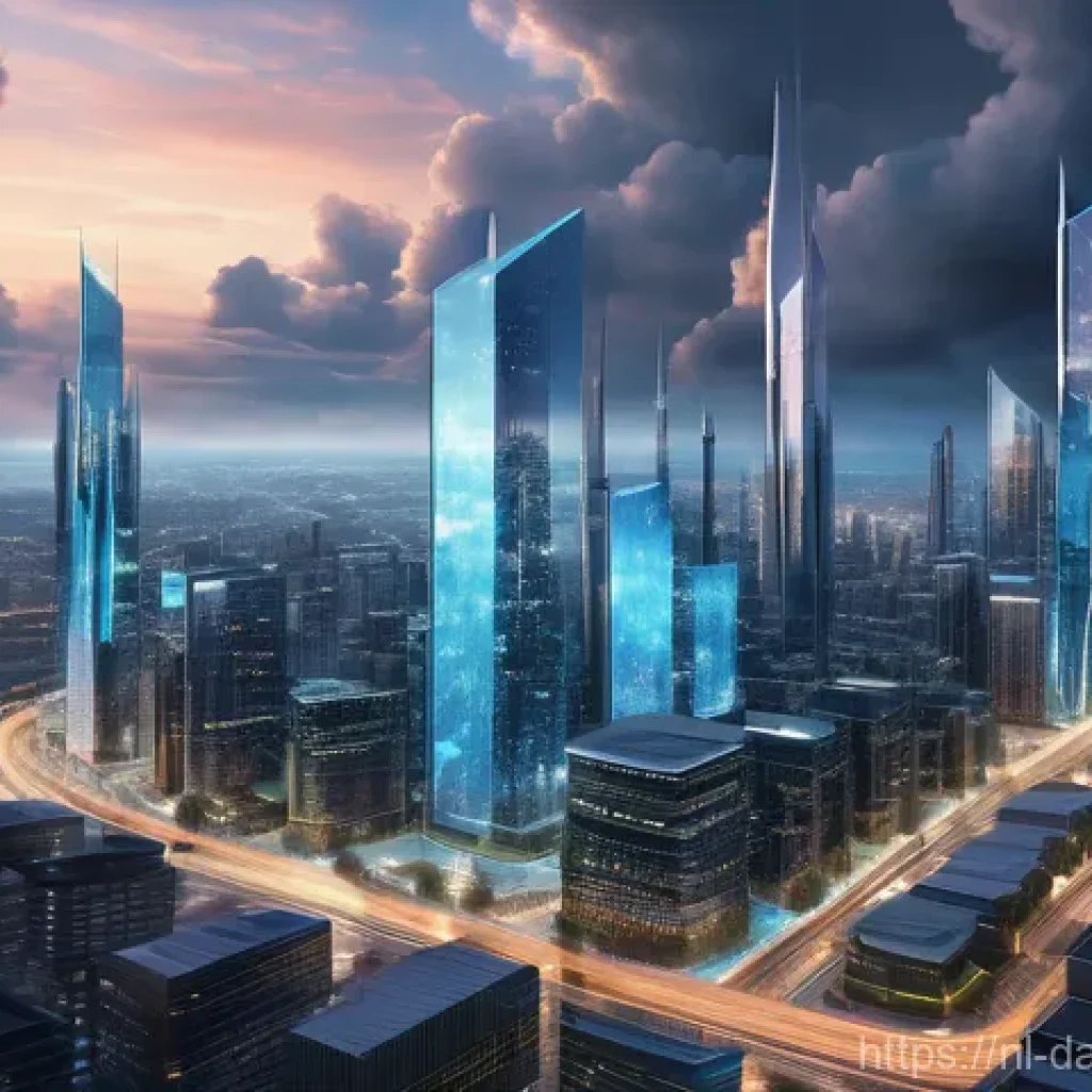 데이터베이스에서의 분산 처리 최적화 - **Prompt:** A visually dynamic, futuristic cityscape made of interconnected servers and data centers...