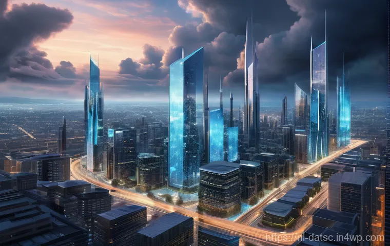 데이터베이스에서의 분산 처리 최적화 - **Prompt:** A visually dynamic, futuristic cityscape made of interconnected servers and data centers...