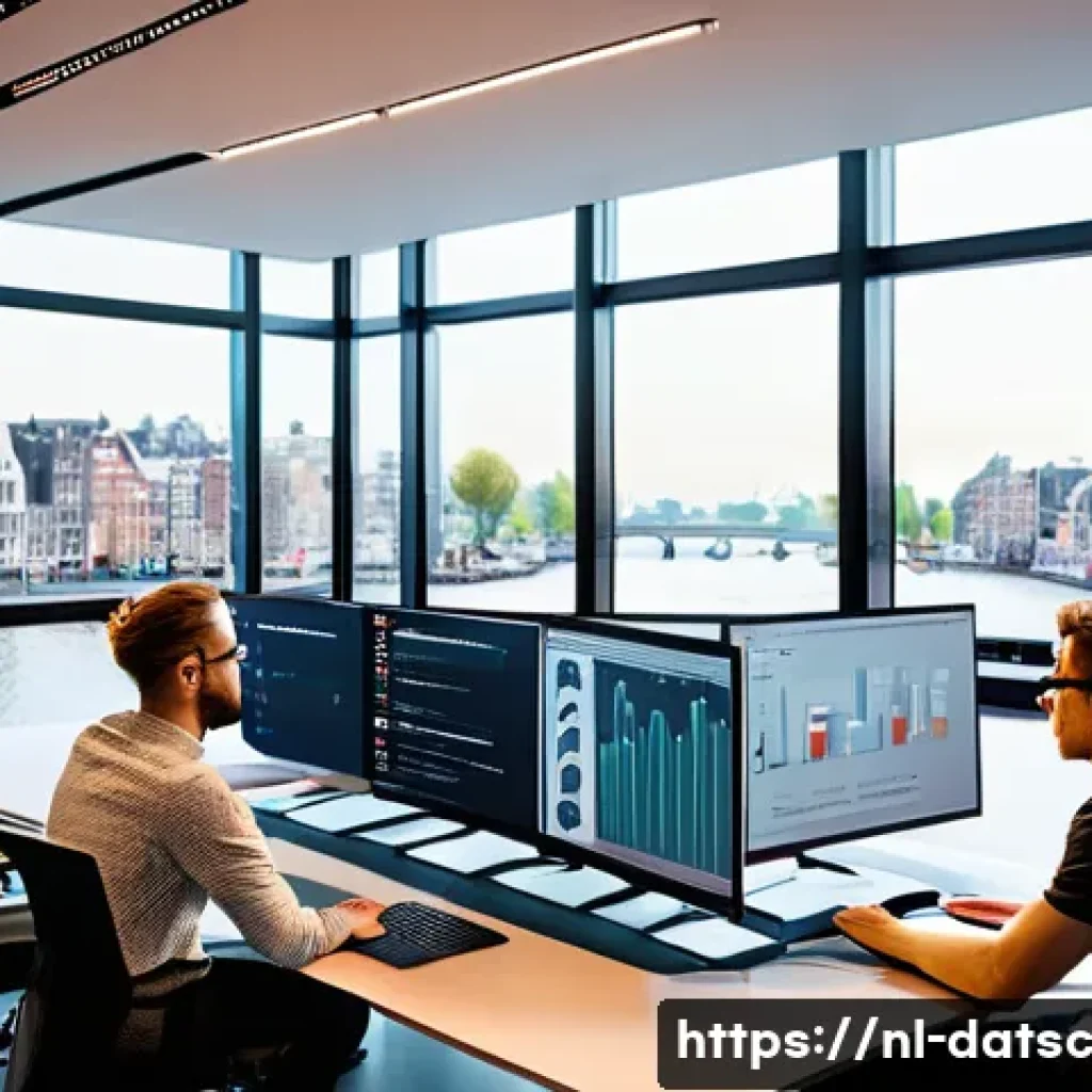 효율적인 데이터베이스 연결 관리 방법 - A modern office environment showing a diverse team of Dutch software engineers collaborating around ...