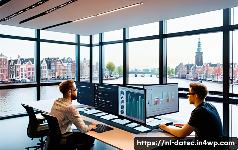 효율적인 데이터베이스 연결 관리 방법 - A modern office environment showing a diverse team of Dutch software engineers collaborating around ...