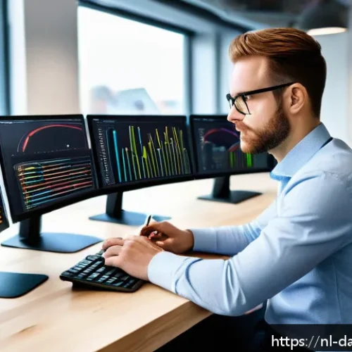 Home 28 SQL 쿼리 성능 문제 해결을 위한 단계별 접근법 - A modern office workspace featuring a Dutch data analyst sitting at a sleek desk with multiple monit...