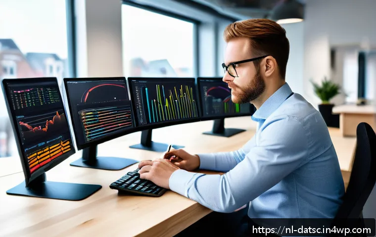 SQL 쿼리 성능 문제 해결을 위한 단계별 접근법 - A modern office workspace featuring a Dutch data analyst sitting at a sleek desk with multiple monit...