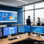 Home 21 최신 인공지능 기술을 활용한 데이터베이스 최적화 - A high-tech Dutch office environment showing diverse IT professionals collaborating around multiple ...