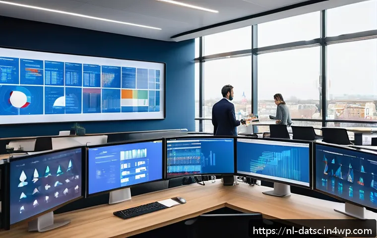 최신 인공지능 기술을 활용한 데이터베이스 최적화 - A high-tech Dutch office environment showing diverse IT professionals collaborating around multiple ...